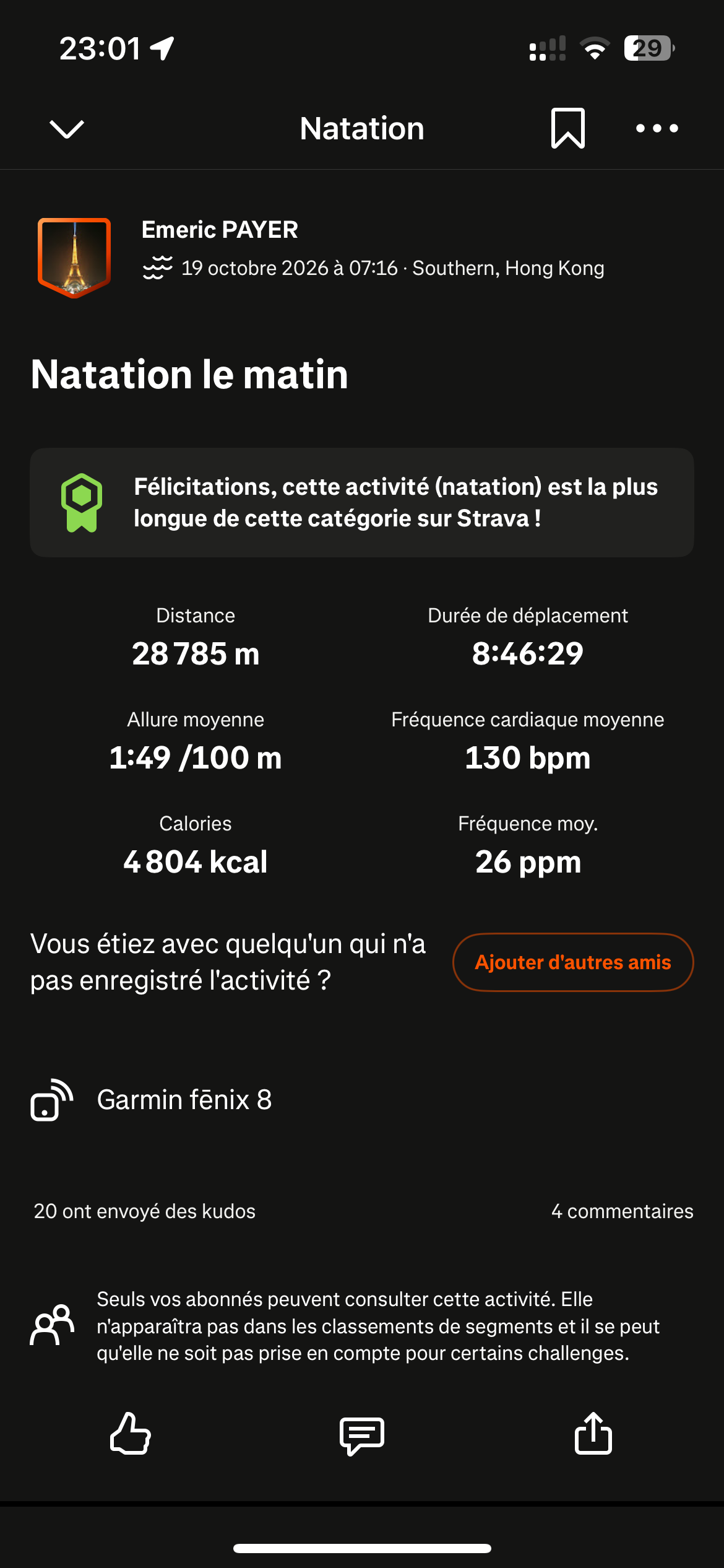 Strava telemetry for 28,157m swim