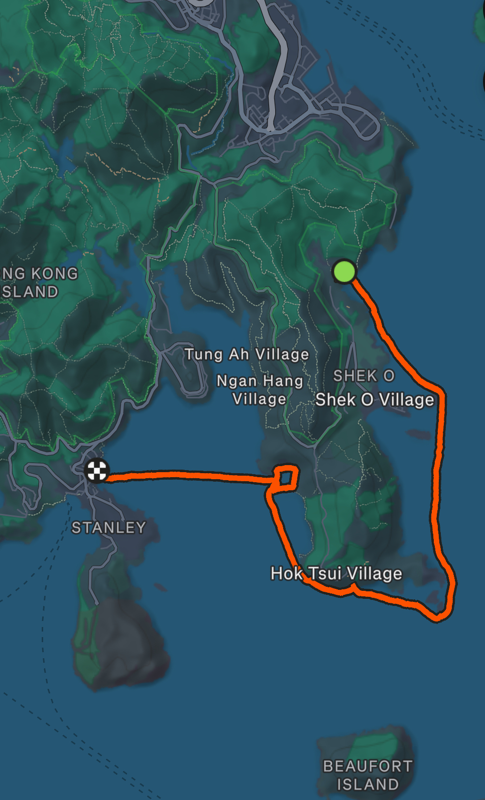 GPS route from Big Wave Bay to Tai Tam Bay and Stanley Main Beach