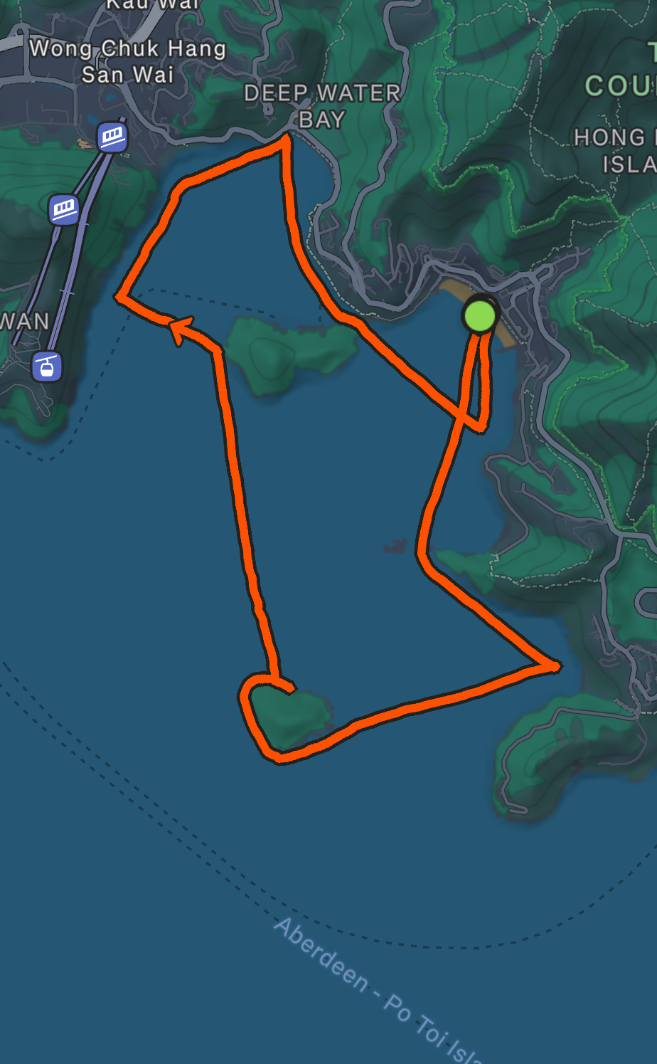 GPS route linking Repulse Bay, Chung Hom Kok, Round Island, Ocean Park, and Deep Water Bay