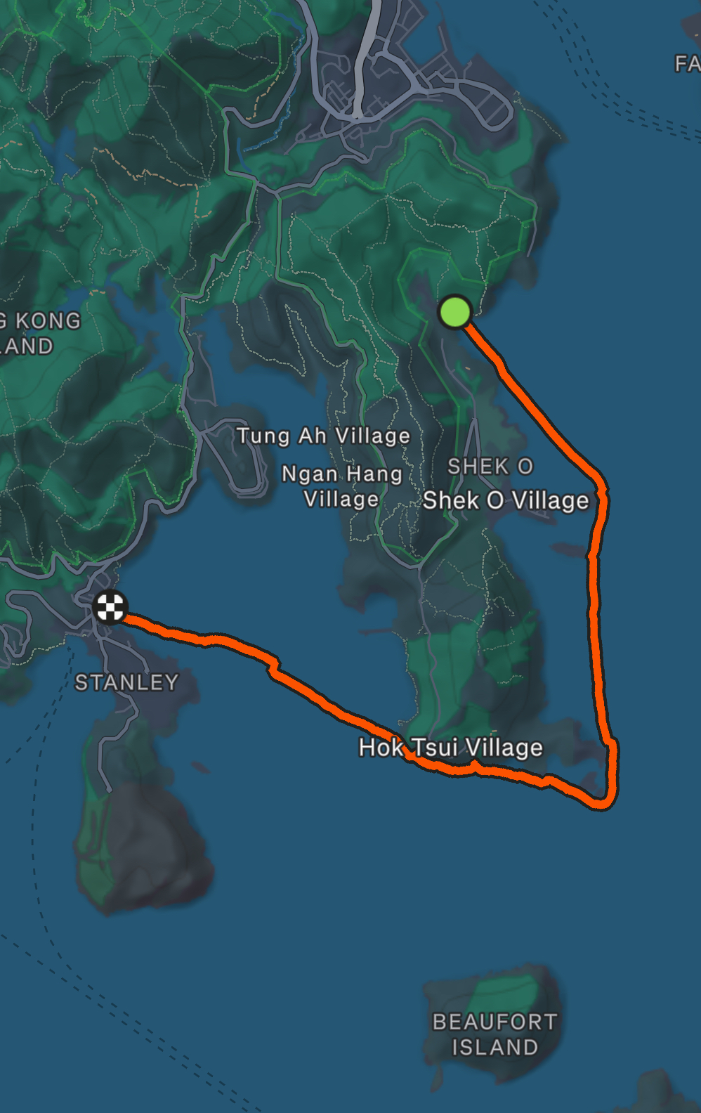 GPS route from Big Wave Bay to Stanley Main Beach via Cape D'Aguilar