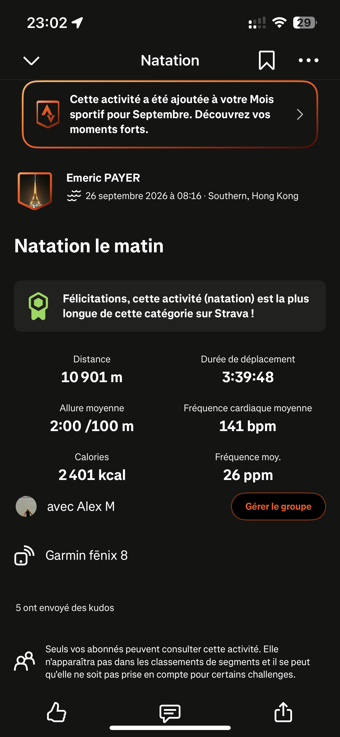 Strava telemetry for 10,435m Cape D'Aguilar swim