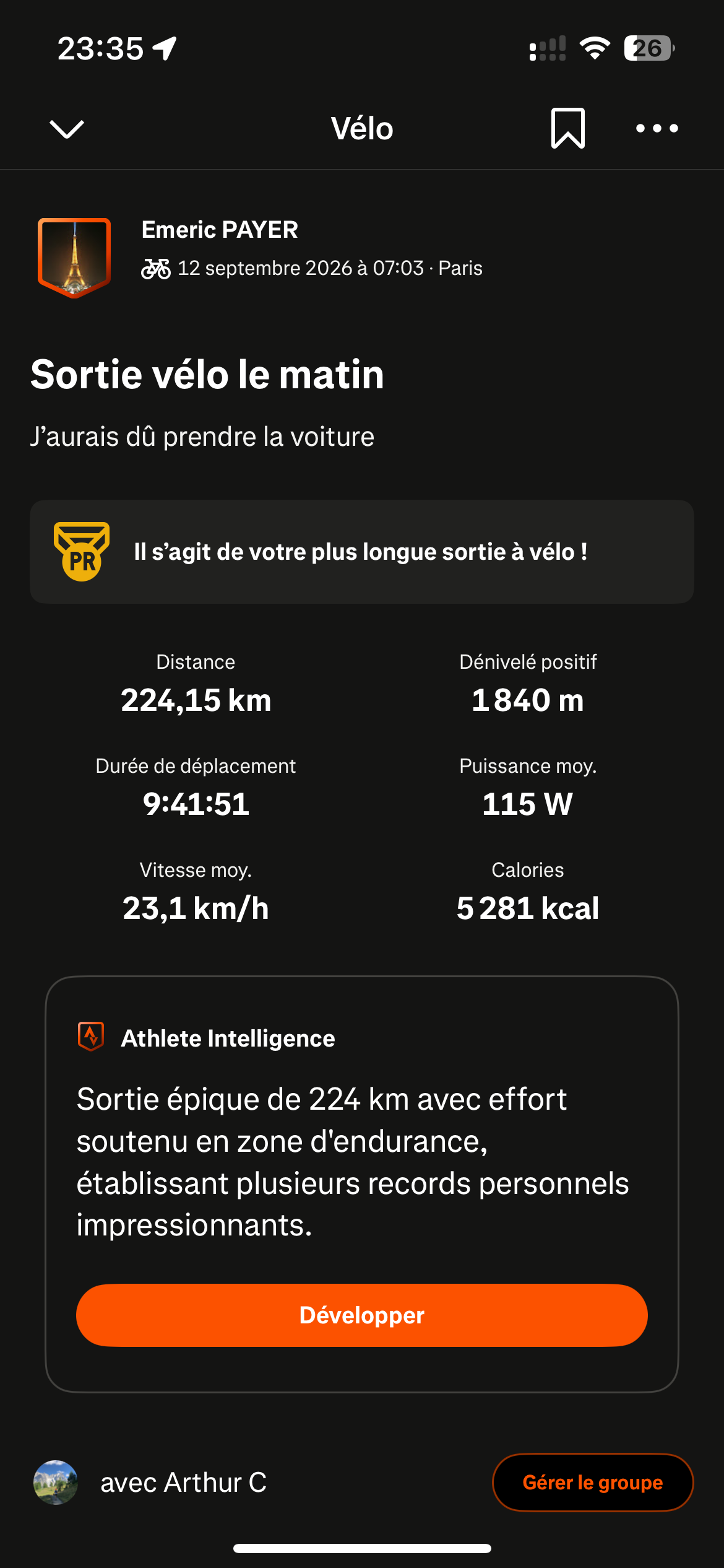 Strava telemetry for 224km endurance ride